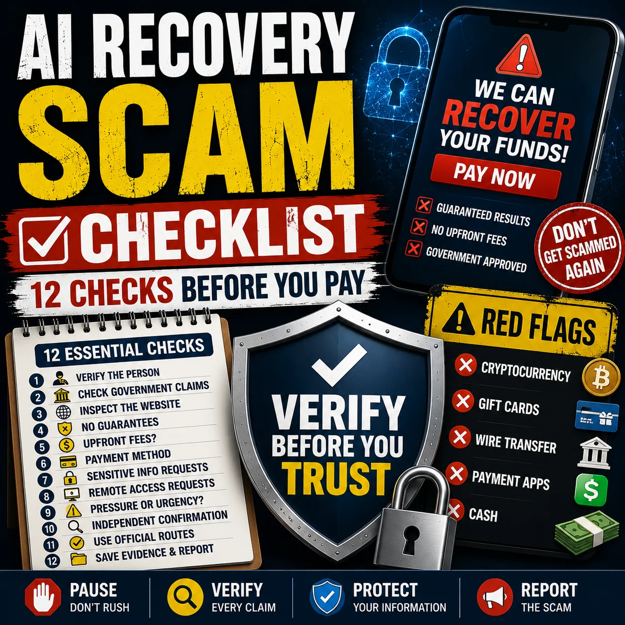 AI recovery scam checklist showing a fake recovery agent, suspicious payment request, AI video warning and verification shield