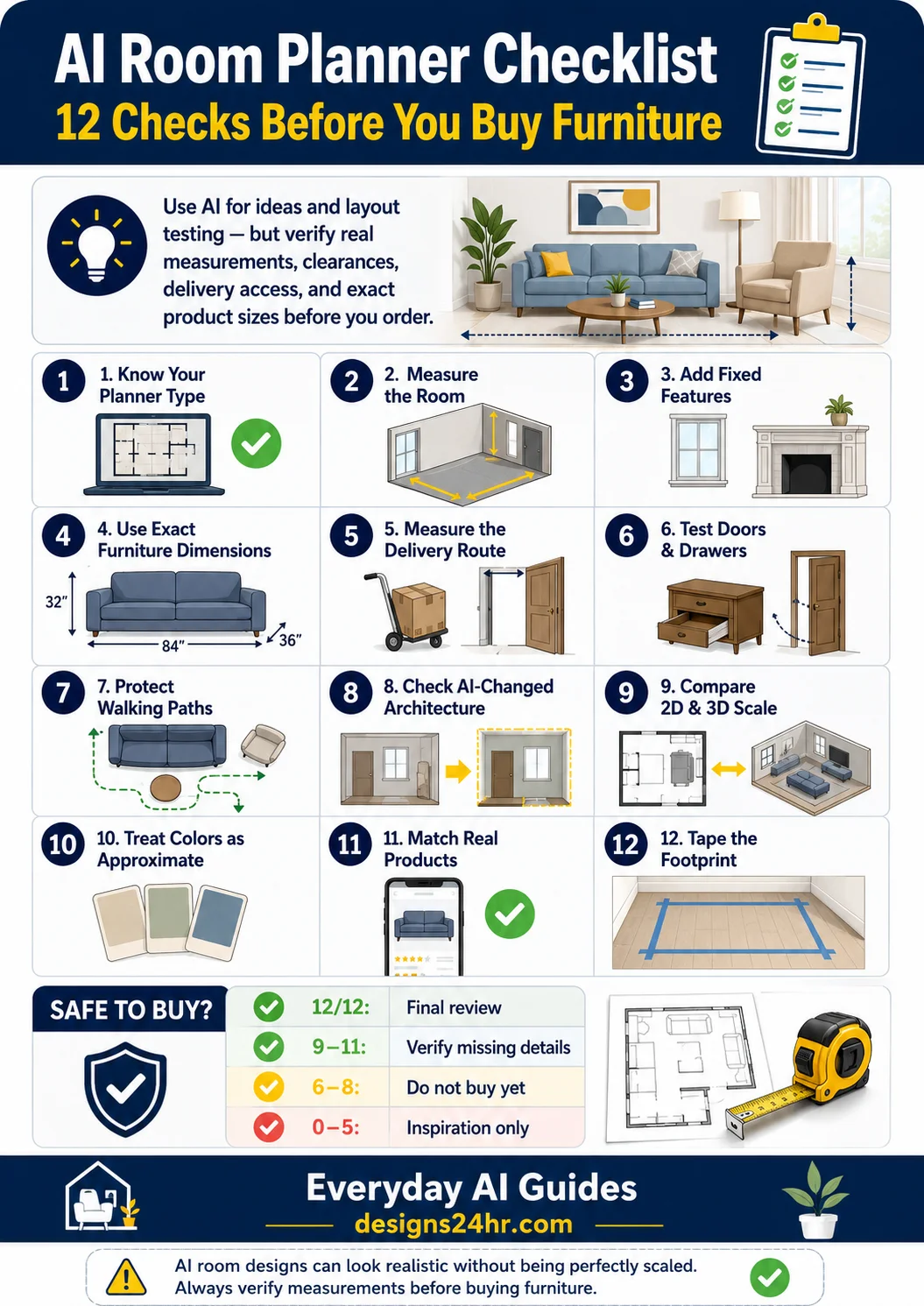 Vertical AI room planner infographic with 12 checks for measurements, furniture fit, delivery access, scale and room-layout verification