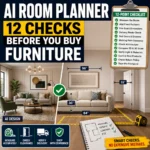 AI room planner checklist showing a living room, sofa measurements, doorway clearance and 12 checks before buying furniture