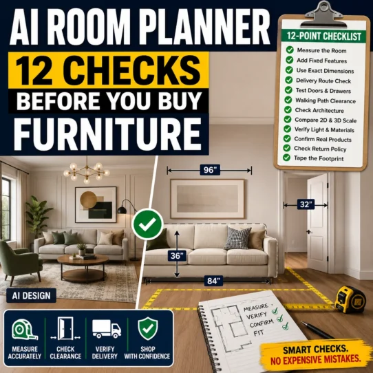 AI room planner checklist showing a living room, sofa measurements, doorway clearance and 12 checks before buying furniture