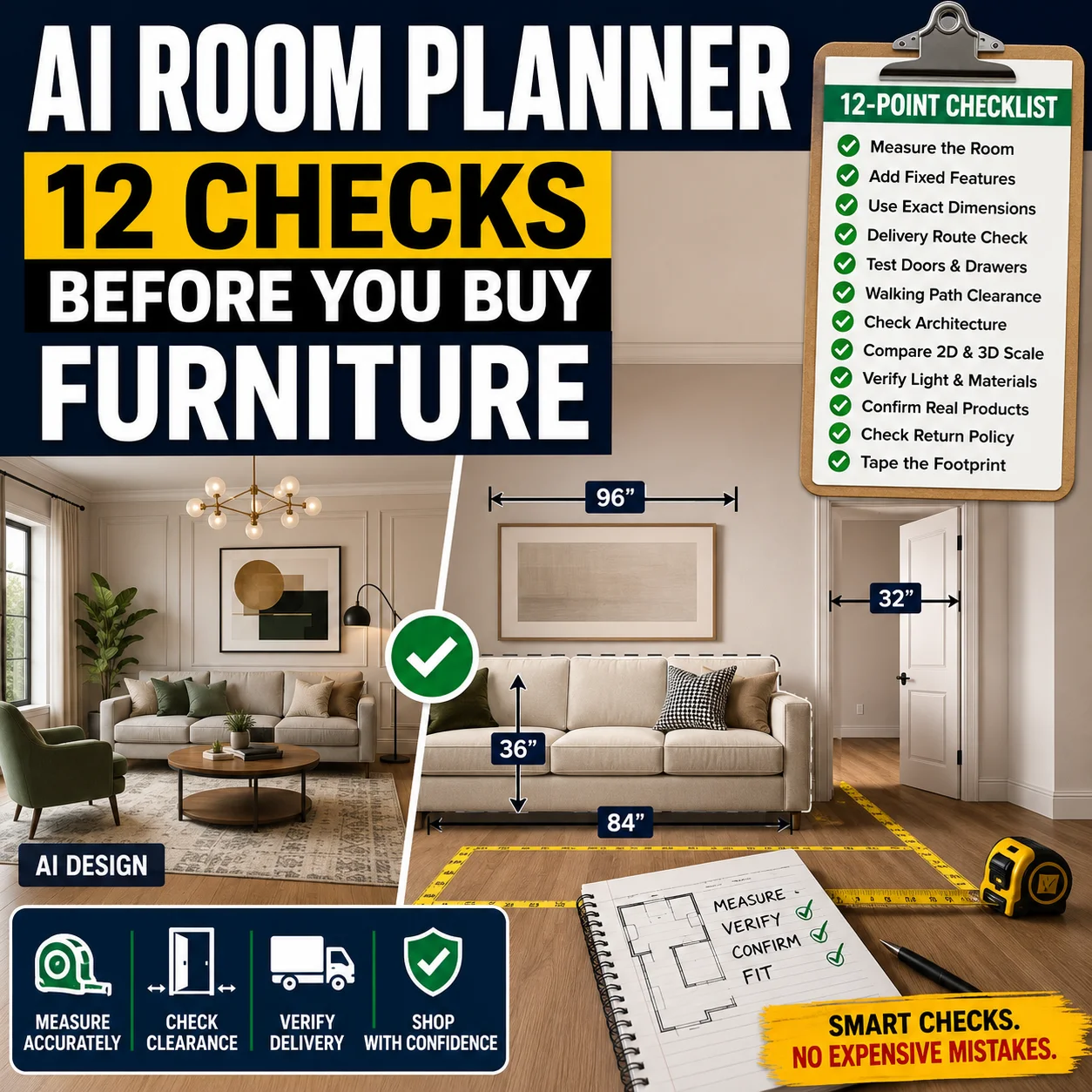 AI room planner checklist showing a living room, sofa measurements, doorway clearance and 12 checks before buying furniture