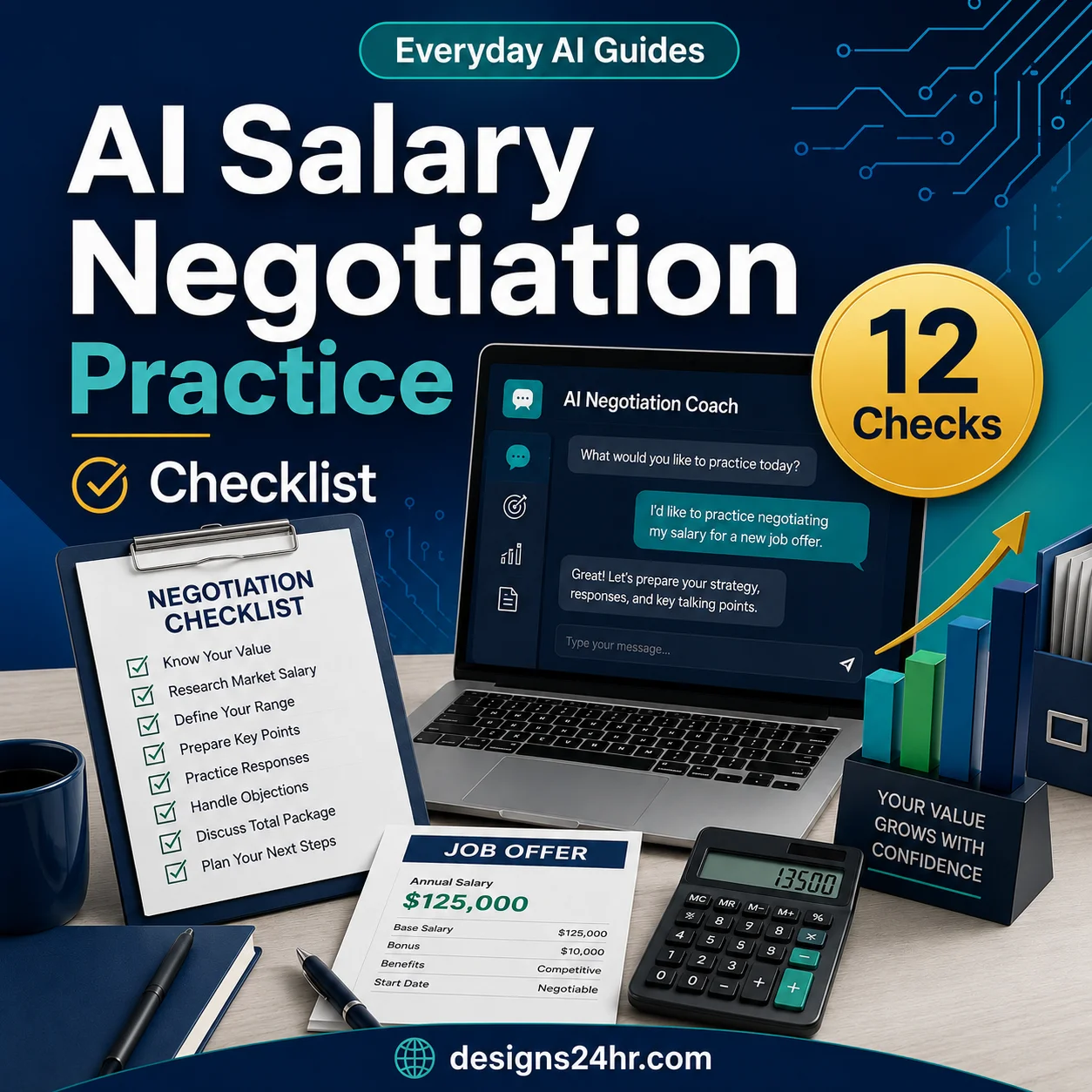 AI salary negotiation practice checklist with job offer research, employer pushback, counteroffer review and final preparation steps