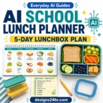 AI school lunch planner with a five-day lunchbox calendar, grocery checklist, reusable containers, and packed school lunch.