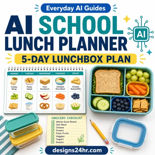 AI school lunch planner with a five-day lunchbox calendar, grocery checklist, reusable containers, and packed school lunch.