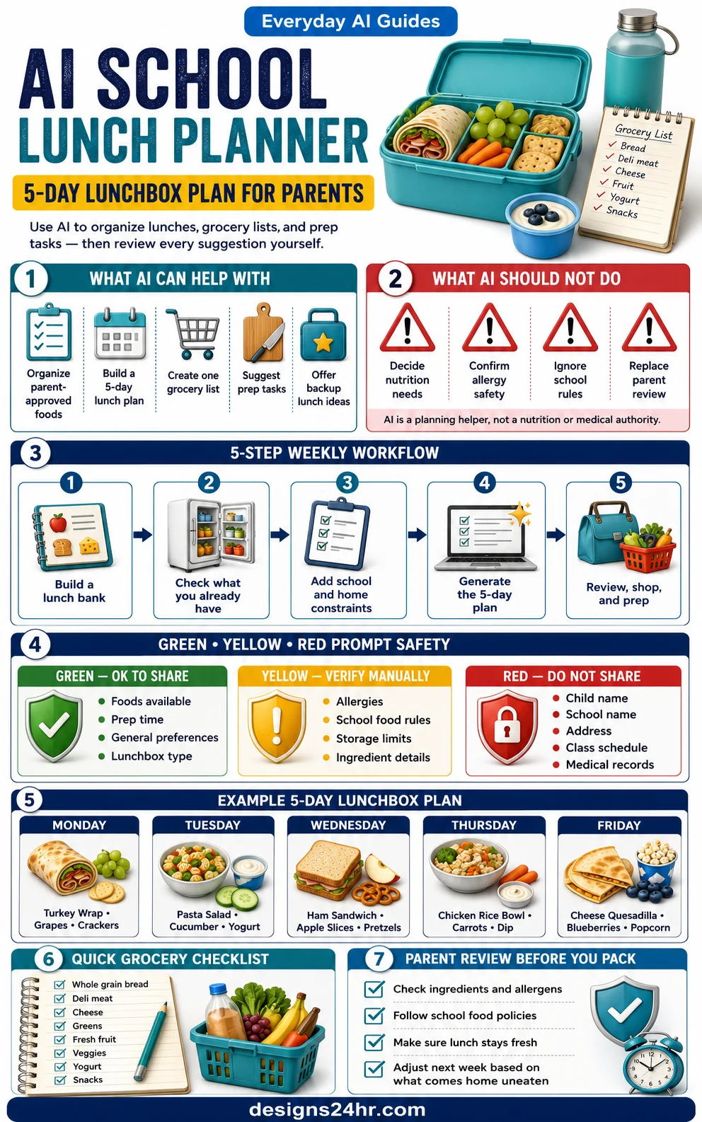 AI school lunch planner infographic showing a five-step weekly workflow, prompt privacy rules, five-day lunchbox example, grocery checklist, and parent review steps.