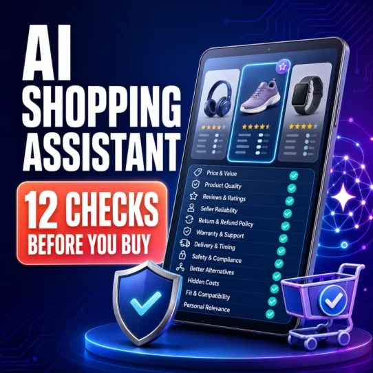 AI shopping assistant checklist thumbnail showing a shopping cart, comparison cards, security shield and checklist icons for 12 checks before buying.