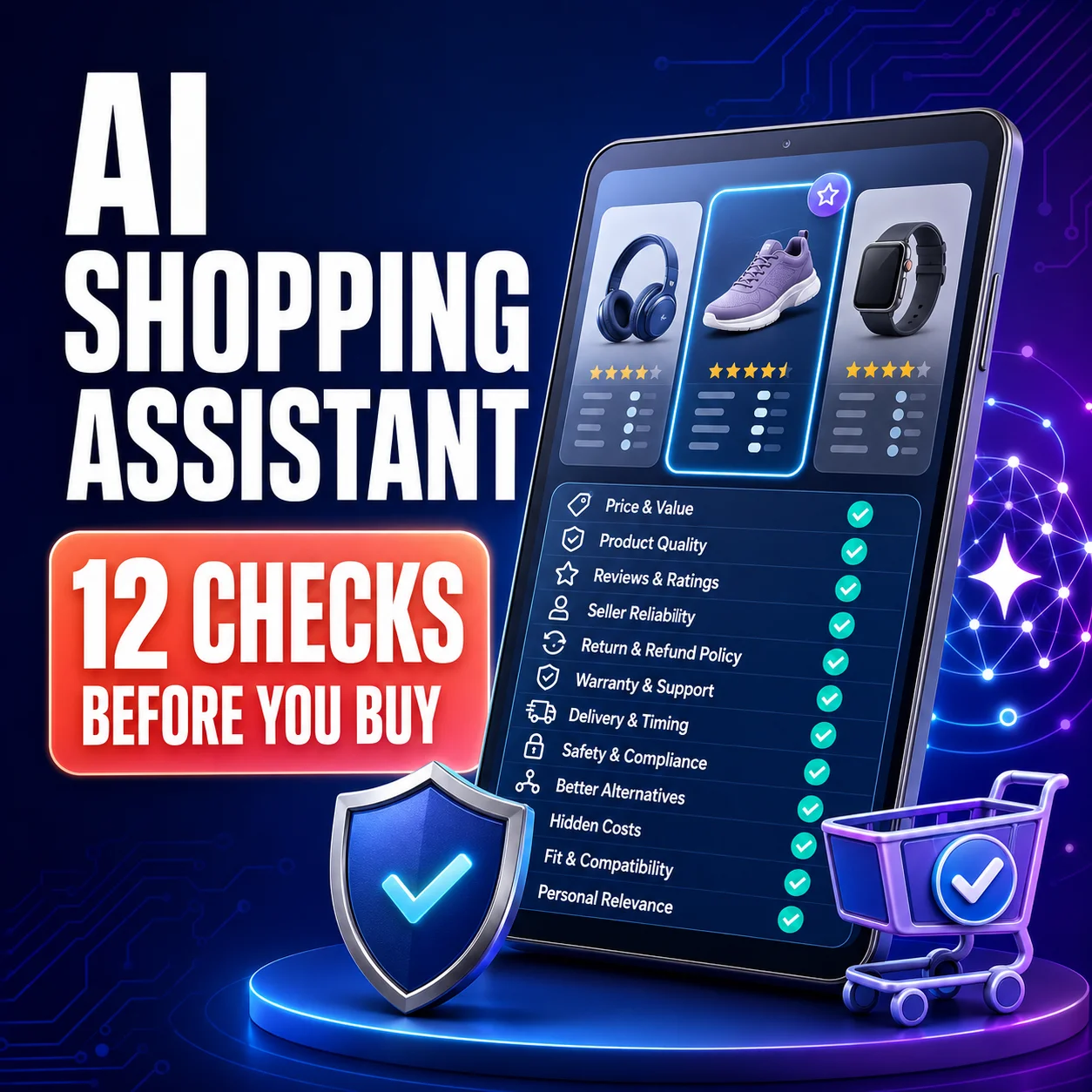 AI shopping assistant checklist thumbnail showing a shopping cart, comparison cards, security shield and checklist icons for 12 checks before buying.