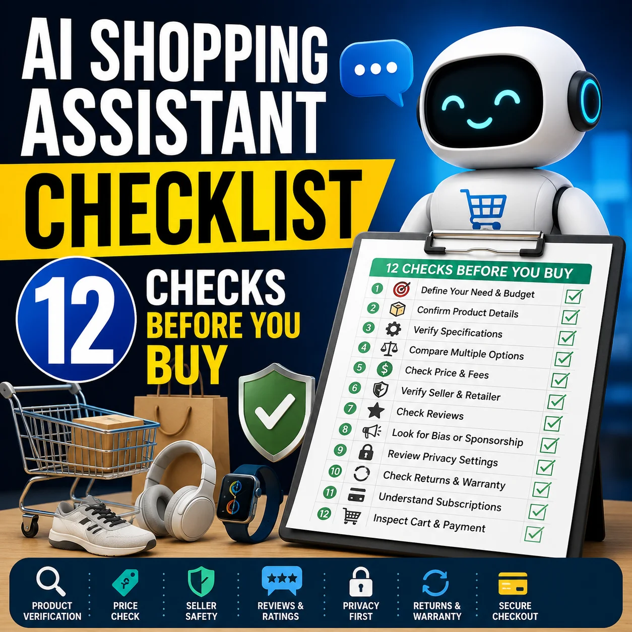 AI shopping assistant checklist showing product, seller, price, privacy, review, and checkout verification checks