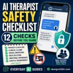 AI therapist safety checklist with a chatbot phone, privacy shield, warning symbol, and 12 checks before sharing personal problems