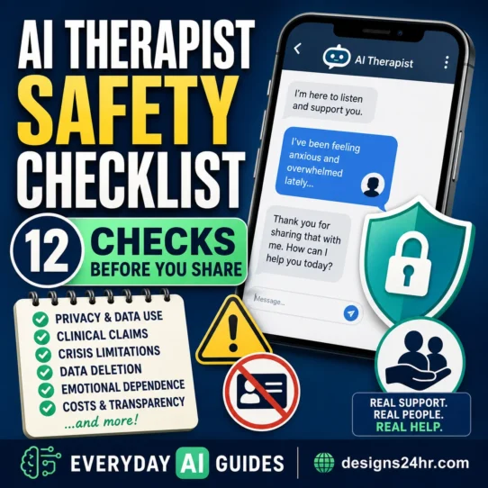 AI therapist safety checklist with a chatbot phone, privacy shield, warning symbol, and 12 checks before sharing personal problems