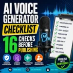 AI voice generator checklist showing a microphone, audio waveform and checks for consent, licensing, pronunciation, disclosure, accessibility and human review.