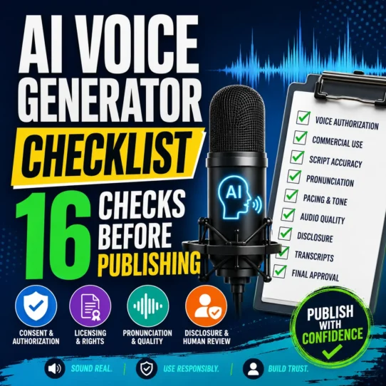 AI voice generator checklist showing a microphone, audio waveform and checks for consent, licensing, pronunciation, disclosure, accessibility and human review.