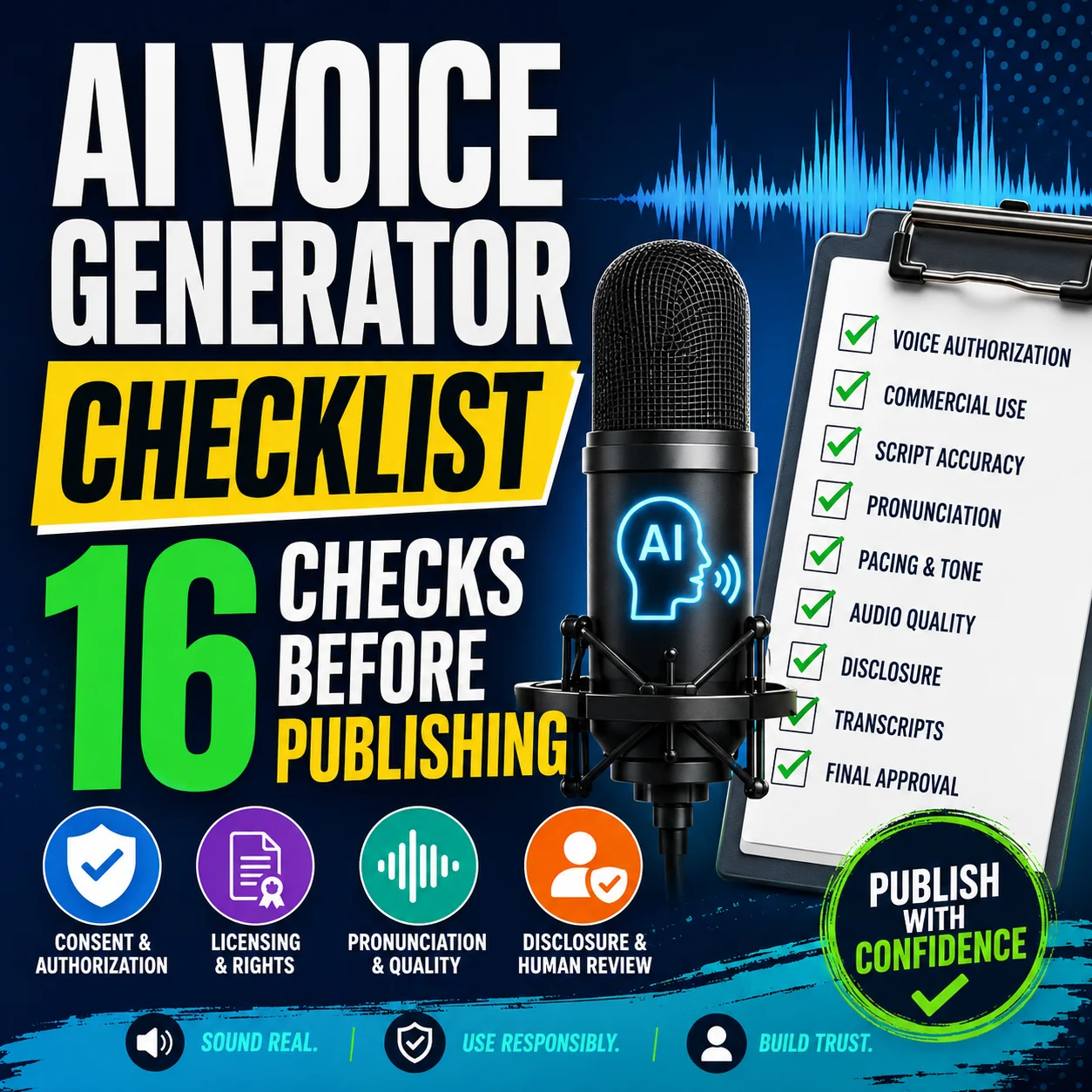 AI voice generator checklist showing a microphone, audio waveform and checks for consent, licensing, pronunciation, disclosure, accessibility and human review.