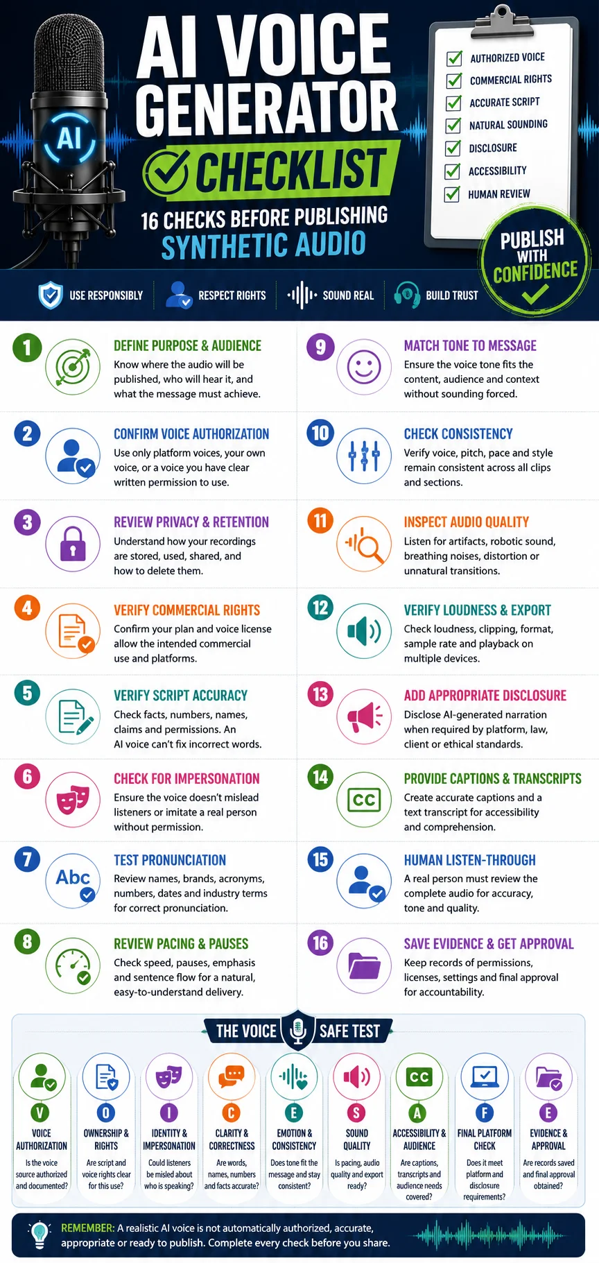 Vertical AI voice generator checklist covering voice authorization, commercial rights, pronunciation, pacing, sound quality, disclosure, transcripts and final approval.