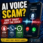 AI voice scam checklist thumbnail showing a suspicious phone call, digital voice waveform, and the steps stop, call and check.