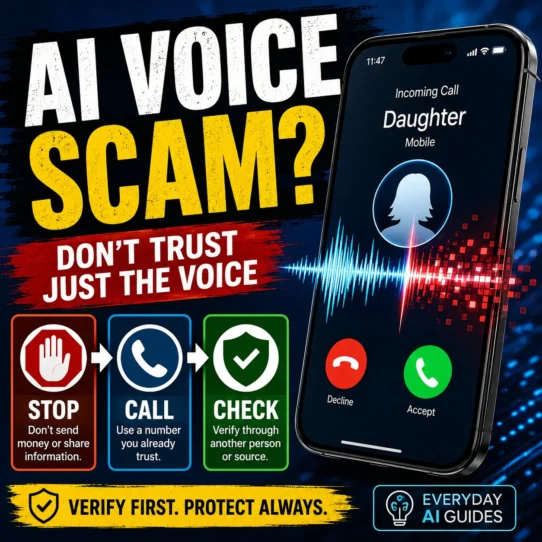 AI voice scam checklist thumbnail showing a suspicious phone call, digital voice waveform, and the steps stop, call and check.