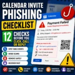 Calendar invite phishing checklist showing a suspicious event with link, phone, QR code and attachment warning signs