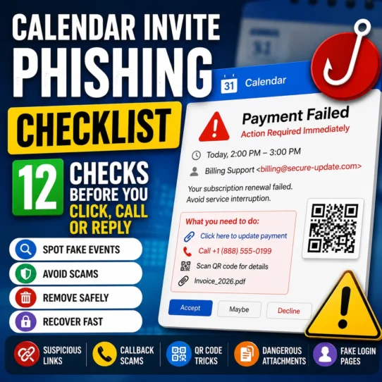 Calendar invite phishing checklist showing a suspicious event with link, phone, QR code and attachment warning signs
