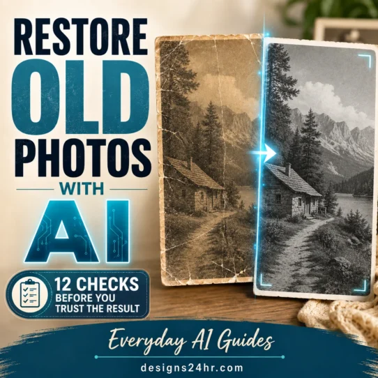 Before-and-after AI restoration of an old family photograph showing checks for facial accuracy, damage repair and image quality