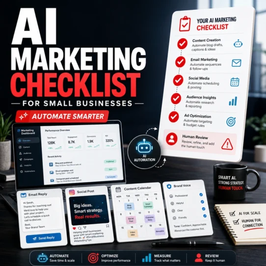 AI marketing checklist thumbnail showing a small business marketing dashboard, automation checklist, email reply card, content calendar, brand voice card, and human review reminder.