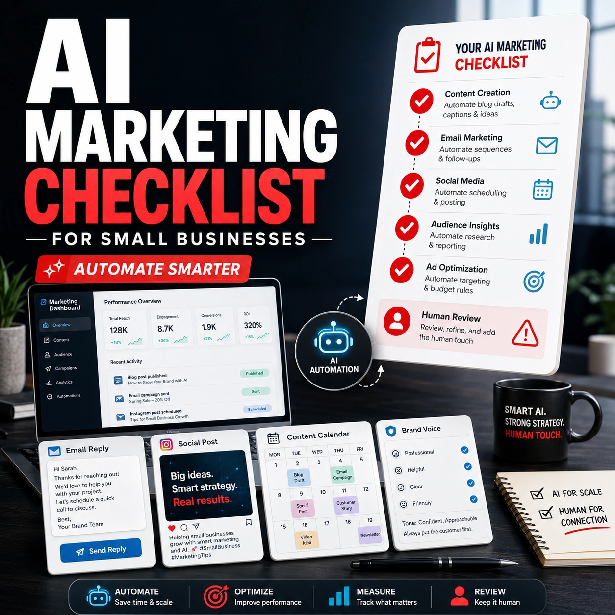 AI marketing checklist thumbnail showing a small business marketing dashboard, automation checklist, email reply card, content calendar, brand voice card, and human review reminder.