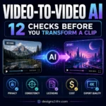 Video-to-video AI checklist showing privacy, consistency, licensing, cost and export quality checks before transforming a clip