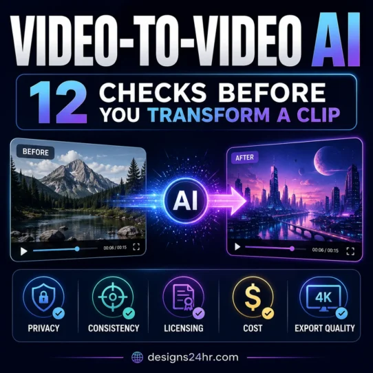Video-to-video AI checklist showing privacy, consistency, licensing, cost and export quality checks before transforming a clip