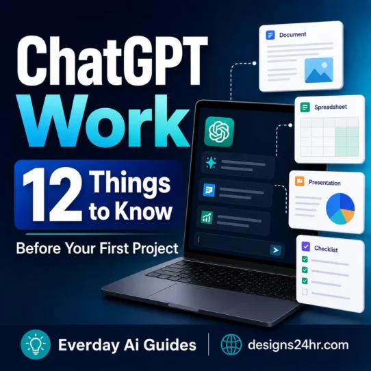 ChatGPT Work guide showing connected apps, project planning, documents, spreadsheets and a human review checklist