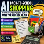 AI back-to-school shopping plan showing a school supply list, shopping cart, calculator, and verification checks