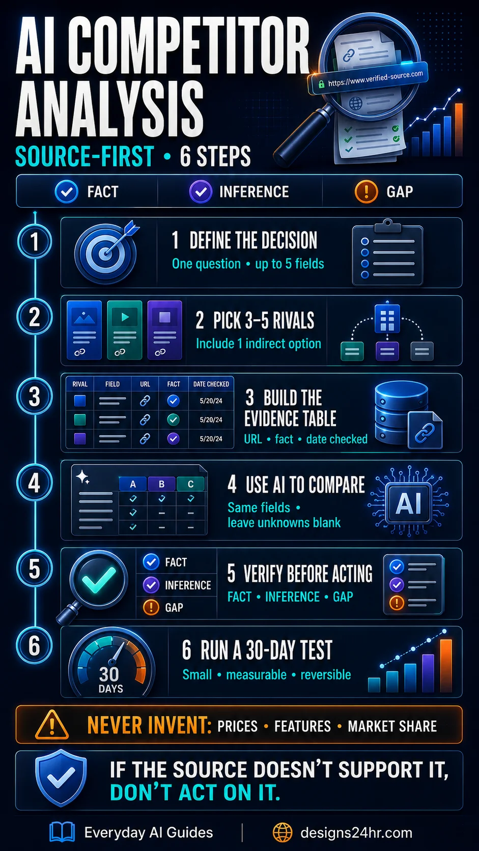 Tall dark navy infographic titled AI Competitor Analysis showing six source-first steps from defining the decision and choosing 3–5 rivals through verification and a 30-day test, with FACT, INFERENCE, and GAP labels. 