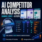 Square dark navy editorial graphic reading AI Competitor Analysis and Source-First • 6 Steps, with three competitor cards, a comparison grid, source verification marks, and an orange gap indicator.