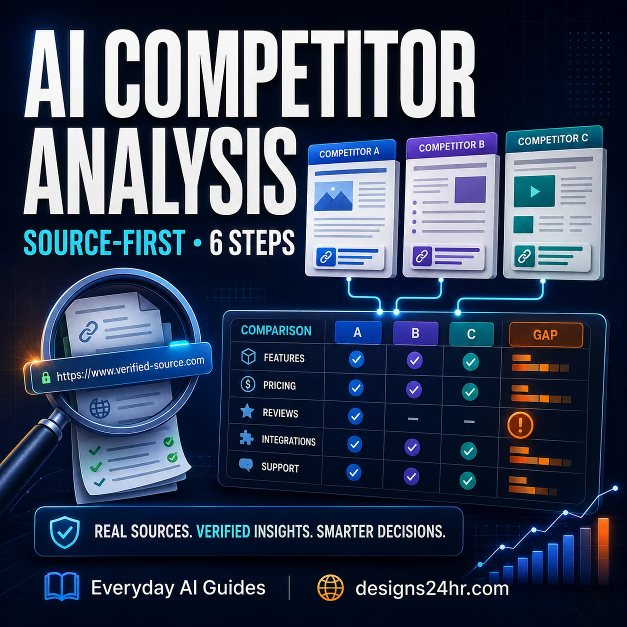 Square dark navy editorial graphic reading AI Competitor Analysis and Source-First • 6 Steps, with three competitor cards, a comparison grid, source verification marks, and an orange gap indicator.
