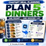 Square light-editorial graphic reading “ChatGPT Meal Plan — 5 Dinners. 1 Grocery List.” with a weekly planner flowing into a grocery checklist.