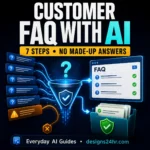 Dark editorial graphic showing customer question cards passing through a verification funnel into an approved FAQ page and facts folder.