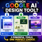 Google AI design tools comparison showing Stitch, Pomelli and Flow for UI design, branding and creative production