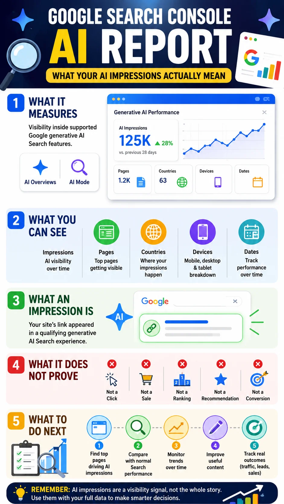 Google Search Console AI report infographic explaining AI impressions and performance data