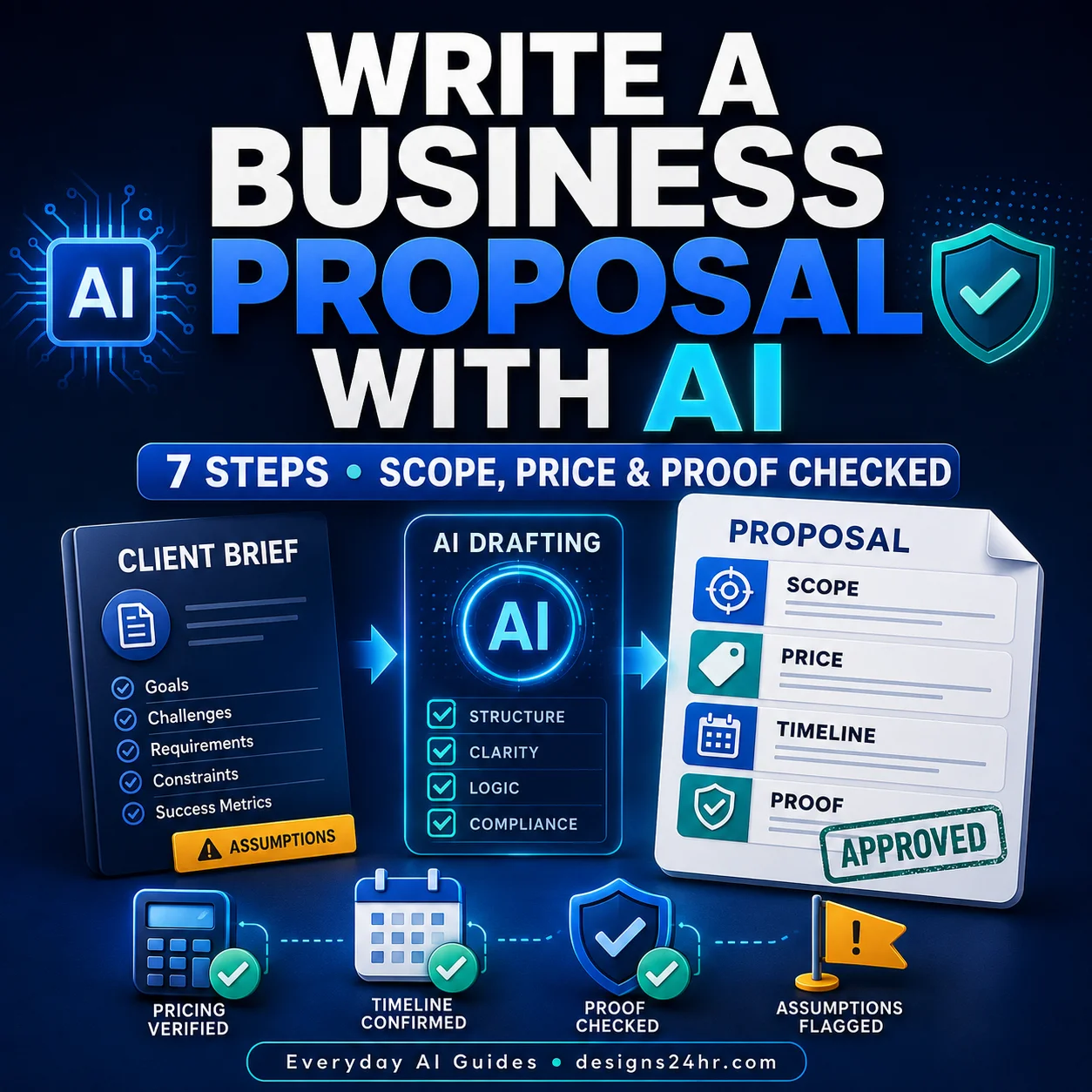 Square dark editorial graphic showing a client brief moving through AI drafting into a checked business proposal with scope, price, timeline, and proof sections.
