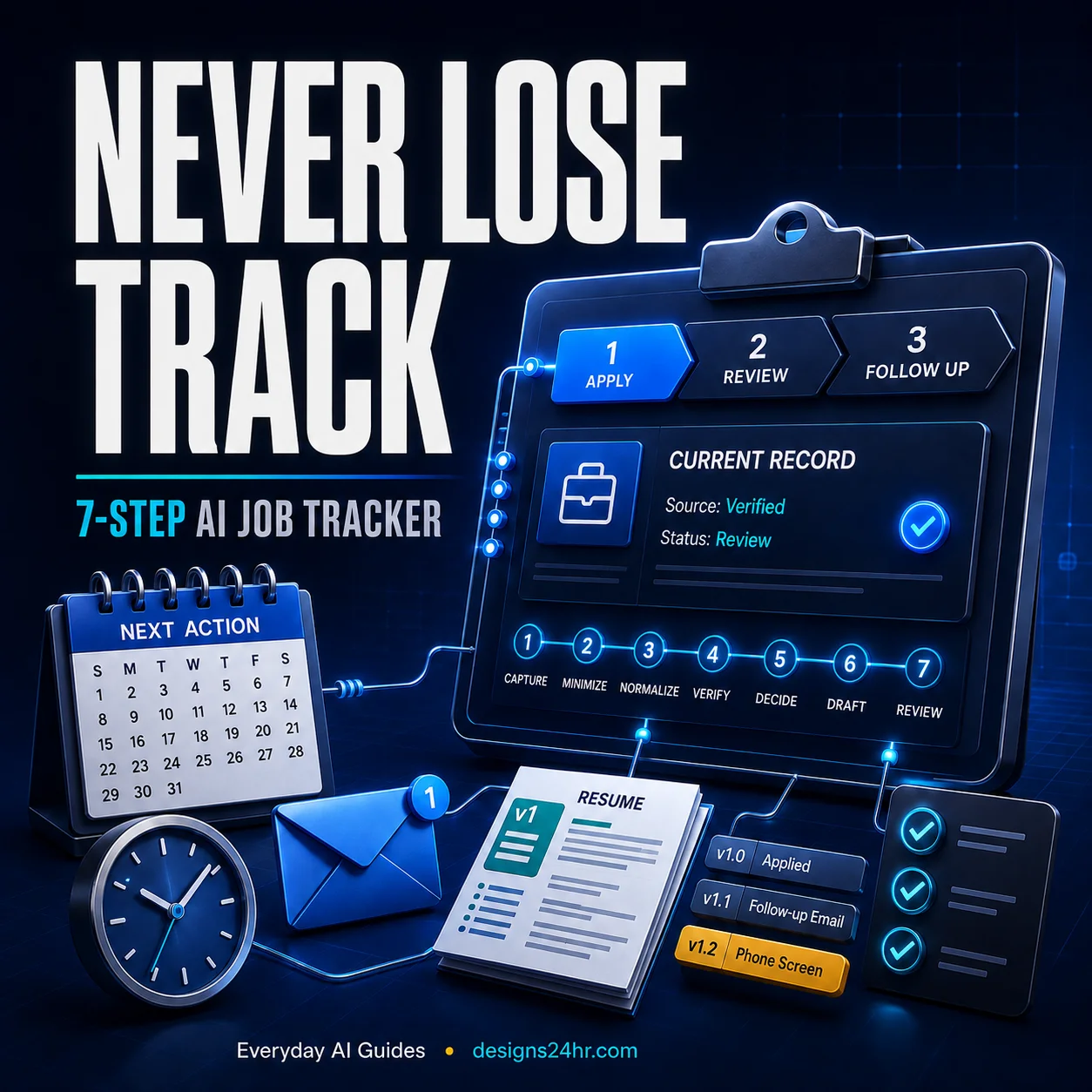 Dark blue square graphic reading Never Lose Track, with a job application tracker, calendar, resume, email, clock, and review checkmarks.