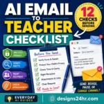 AI email to teacher checklist showing a parent message draft, fact checks, privacy protection, recipient review, attachments, and send or pause decisions.