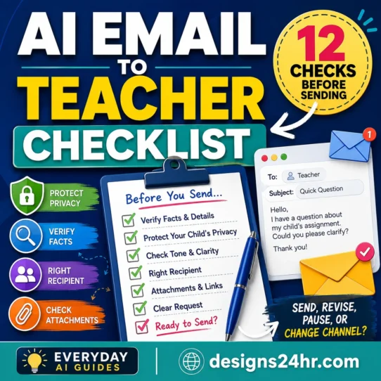AI email to teacher checklist showing a parent message draft, fact checks, privacy protection, recipient review, attachments, and send or pause decisions.