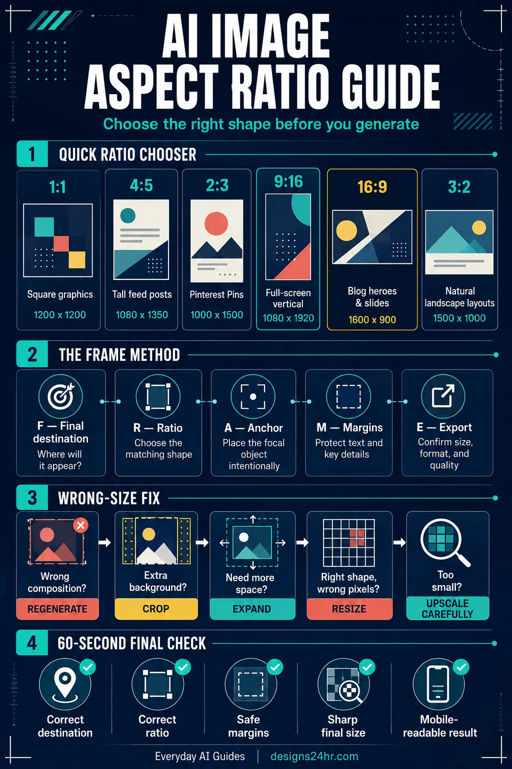 Vertical AI image aspect ratio infographic comparing 1:1, 4:5, 2:3, 9:16, 16:9, and 3:2 formats with the FRAME planning method and wrong-size fixes.