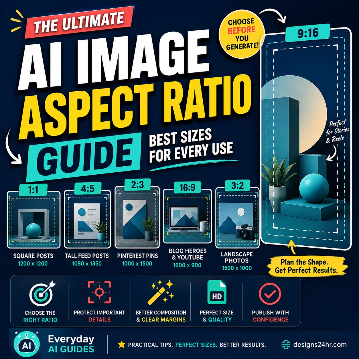 AI image aspect ratio guide showing square, portrait, vertical, Pinterest, landscape, and widescreen image formats.