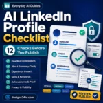 AI LinkedIn profile checklist with profile sections, resume comparison, verification checks, privacy protection, and publish review steps.