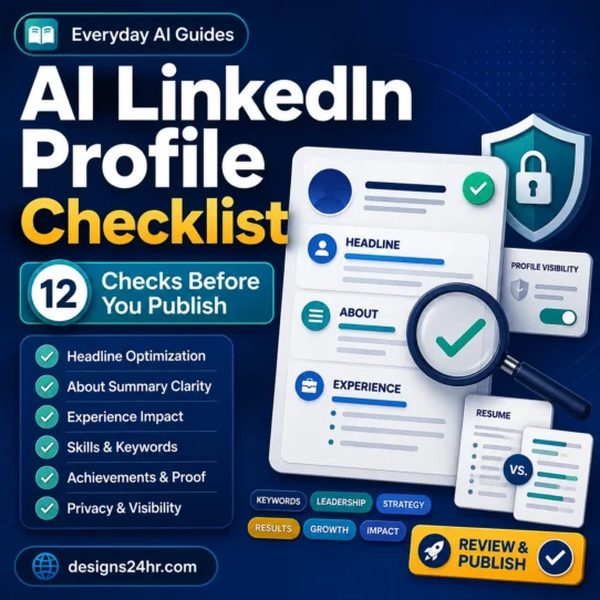 AI LinkedIn profile checklist with profile sections, resume comparison, verification checks, privacy protection, and publish review steps.
