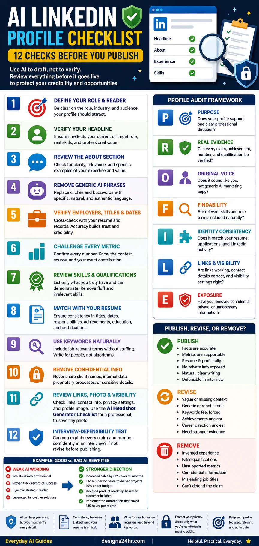 Use the 12-step checklist to verify AI-written LinkedIn profile updates before publishing.