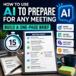 AI meeting prep one-page brief showing the outcome, context, expected questions, risks, and facts to verify