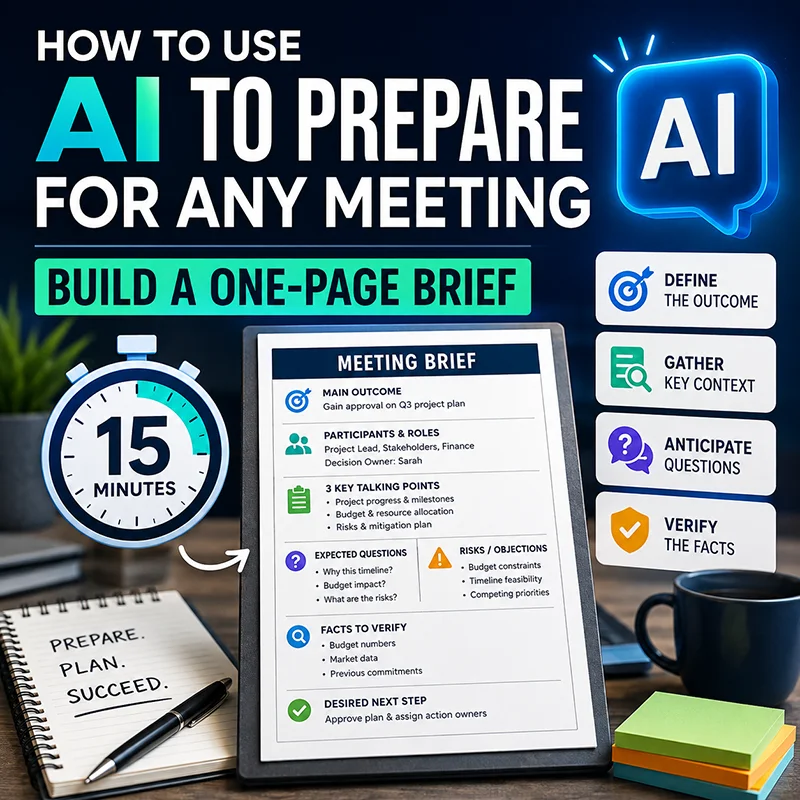 AI meeting prep one-page brief showing the outcome, context, expected questions, risks, and facts to verify