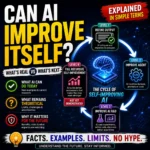 AI recursive self-improvement concept showing an AI system improving through repeated feedback and evaluation loops