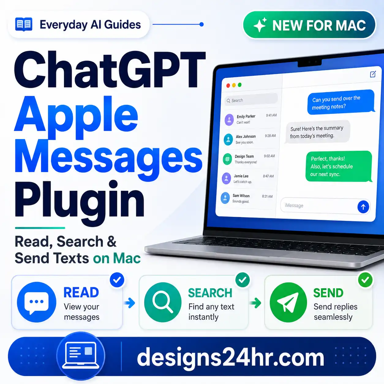 ChatGPT Apple Messages plugin guide showing read, search and send text features on Mac