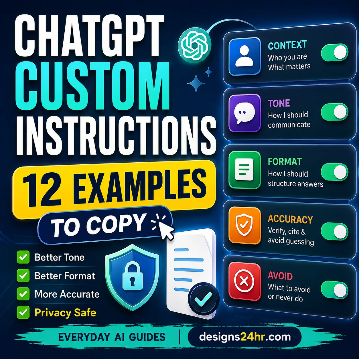 ChatGPT custom instructions examples shown as settings cards for context, tone, formatting, accuracy, and privacy